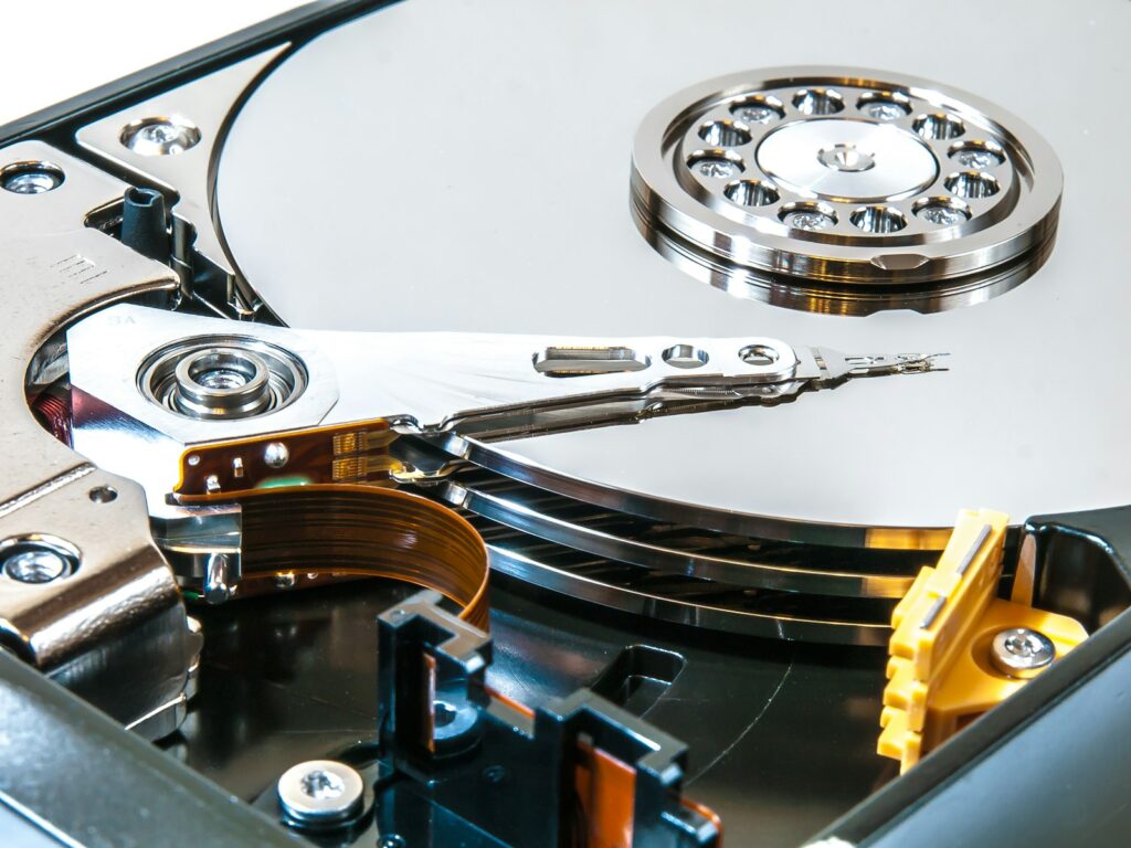 Close-up of a hard drive platter and read/write head