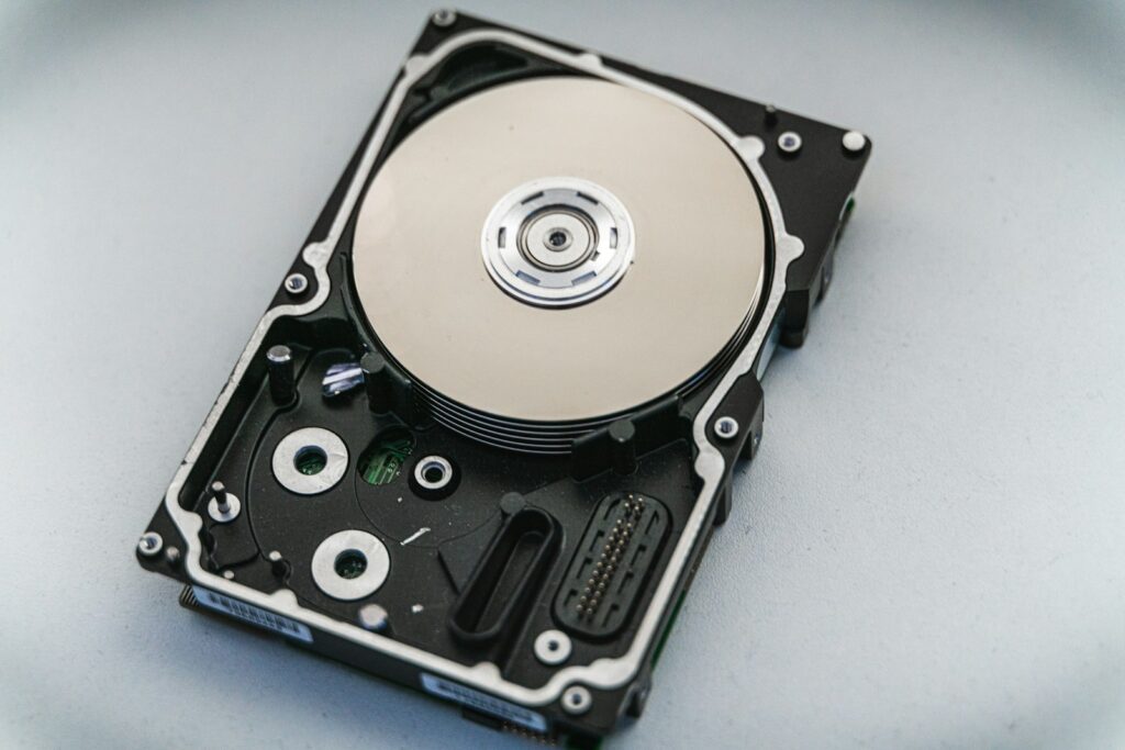 Opened hard disk drive showing the platter