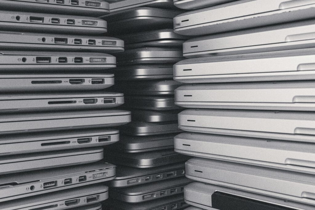 Stacks of laptop computers