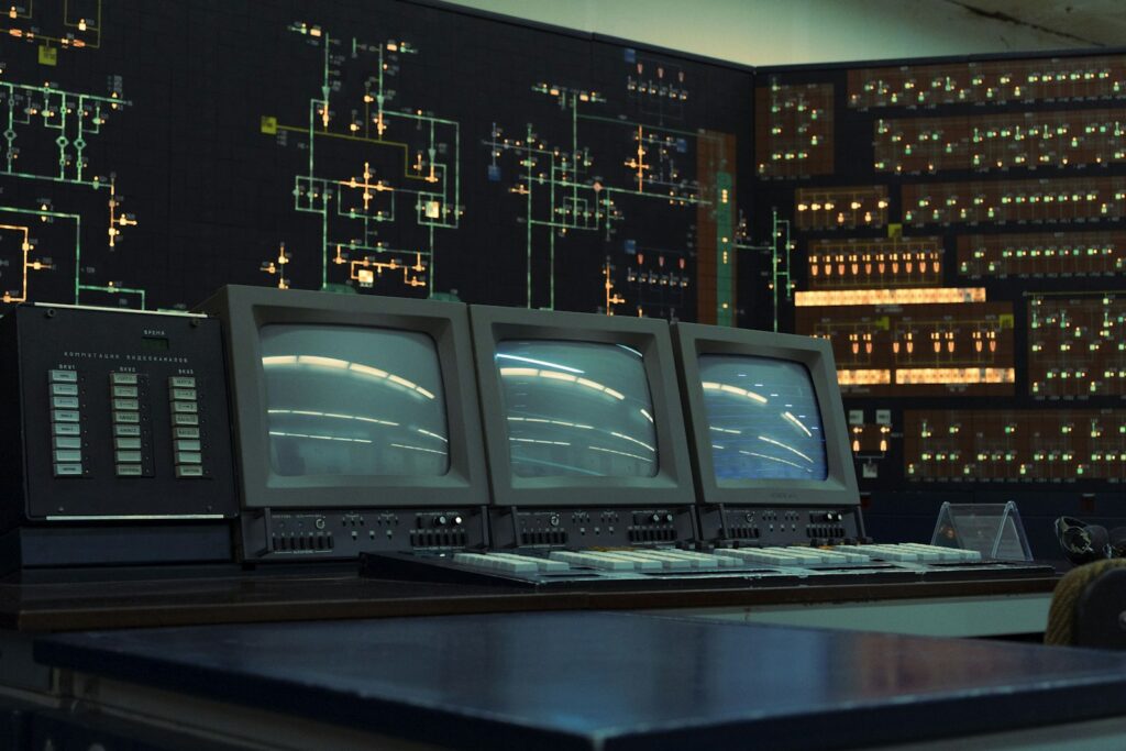 Operations control room with monitors and control panels