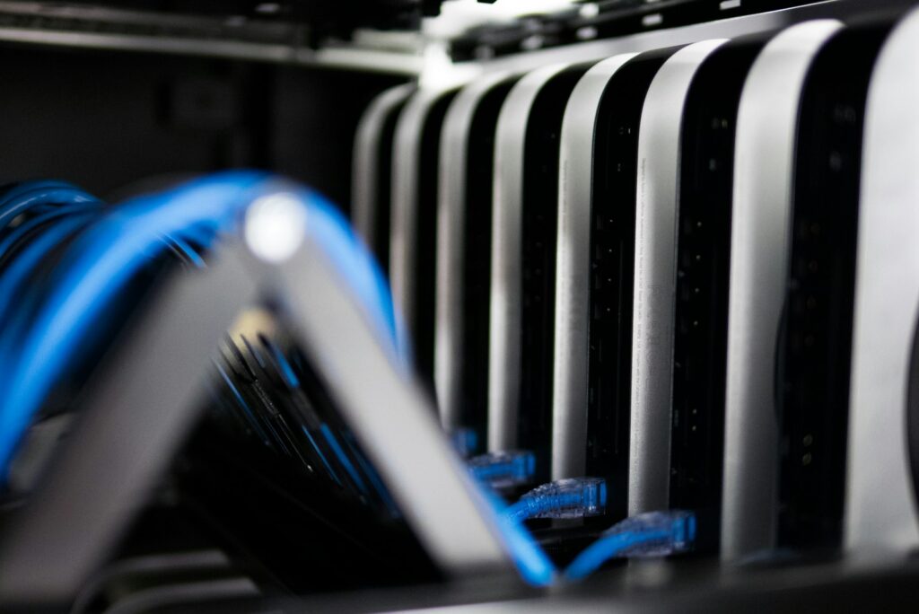 Rack equipment with blue network cables connected