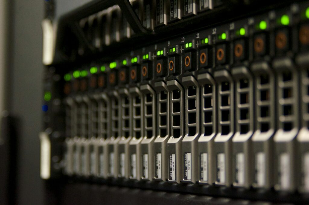 Front view of rack servers with drive bays and status lights
